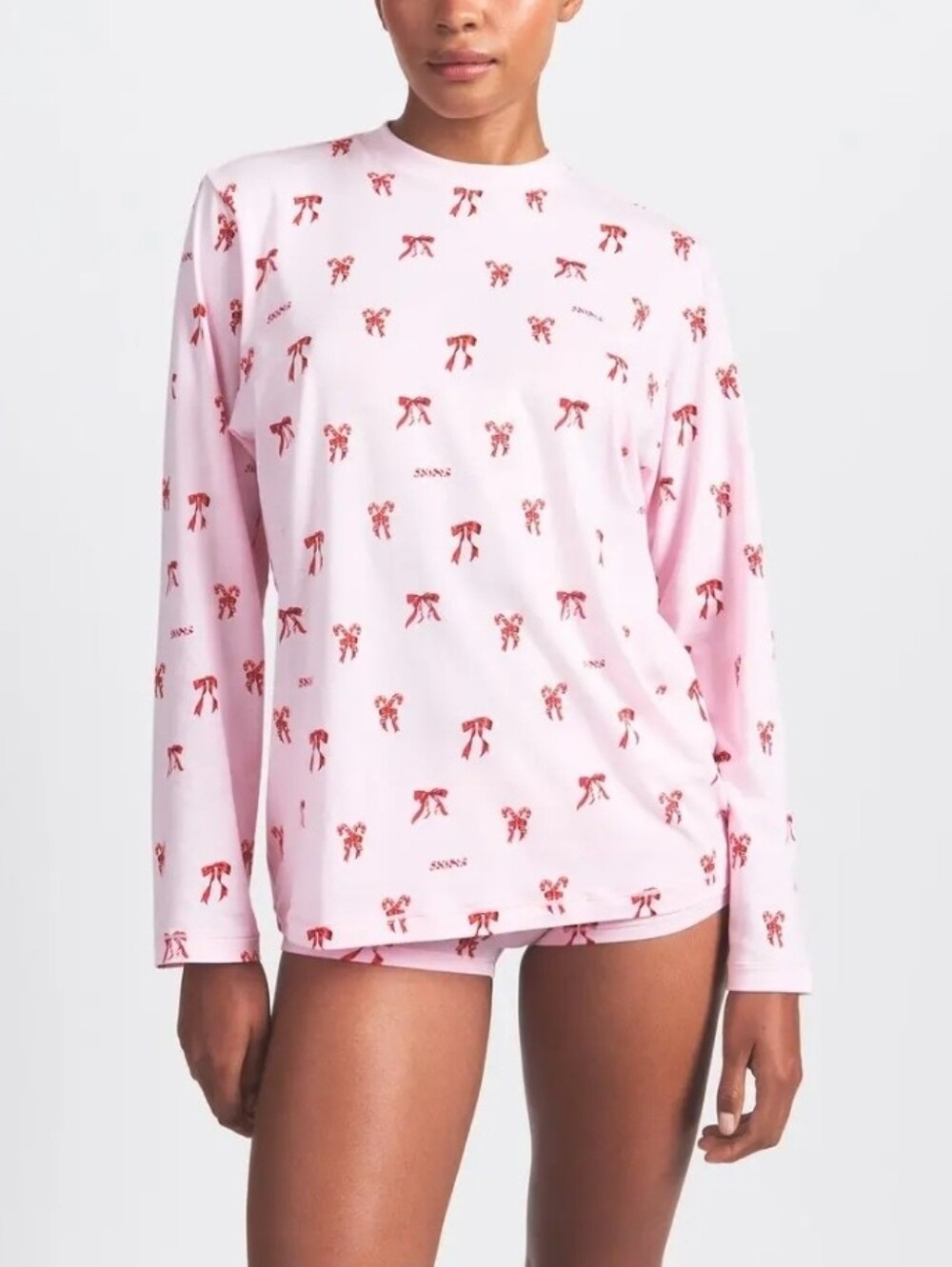 SKIMS Boyfriend Long Sleeve T-Shirt Cherry Blossom Candy Bow Size XS (Top Only)